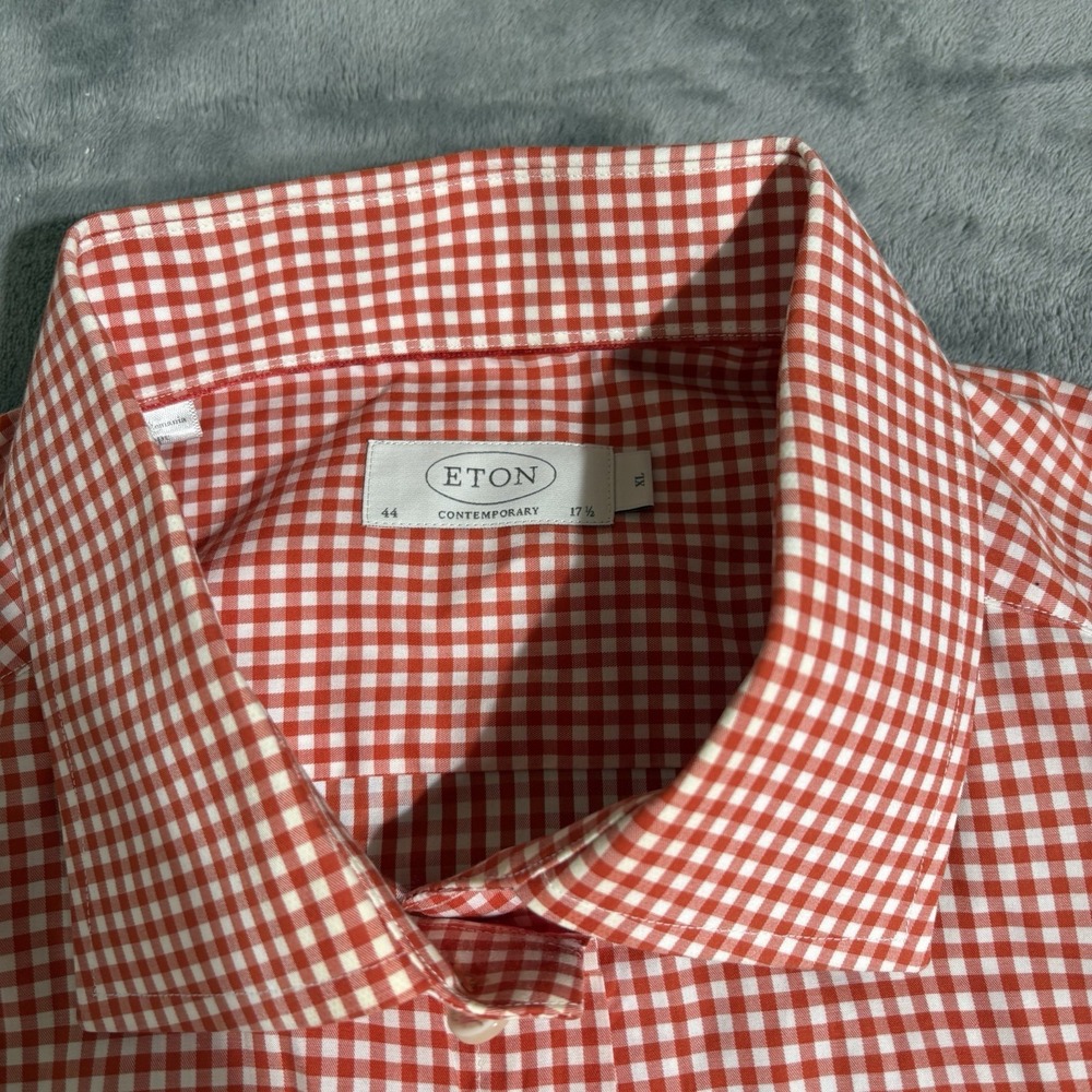 Eton Shirt Men XL 44 17.5 Orange Plaid Contemporary Button Up Long Sleeve Cotton - Picture 4 of 8